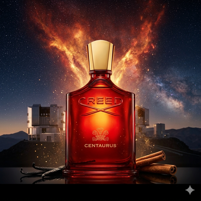 Frasco rojo de Creed Centaurus rodeado de chispas doradas y canela, estilo Casa Flores.