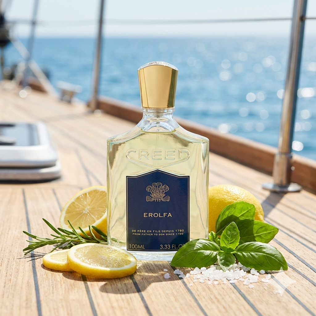 Frasco clásico del perfume Creed Erolfa con tapón azul, rodeado de limones, albahaca, romero y sal marina en un ambiente náutico y mediterráneo.