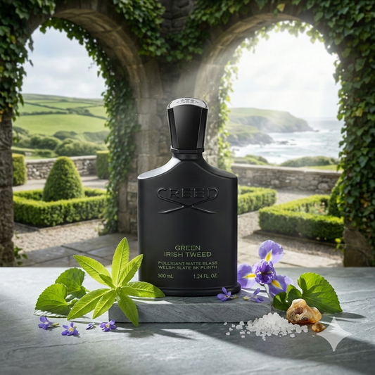 Frasco negro mate de Creed Green Irish Tweed sobre pizarra gris, rodeado de limón verbena, hojas de violeta, iris, maderas preciosas y ámbar gris, con el fondo de una histórica finca de campo irlandesa y la costa atlántica.