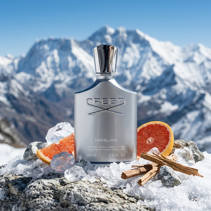 Frasco de Creed Himalaya plateado sobre una roca fría de montaña con toques cítricos, estilo Casa Flores.
