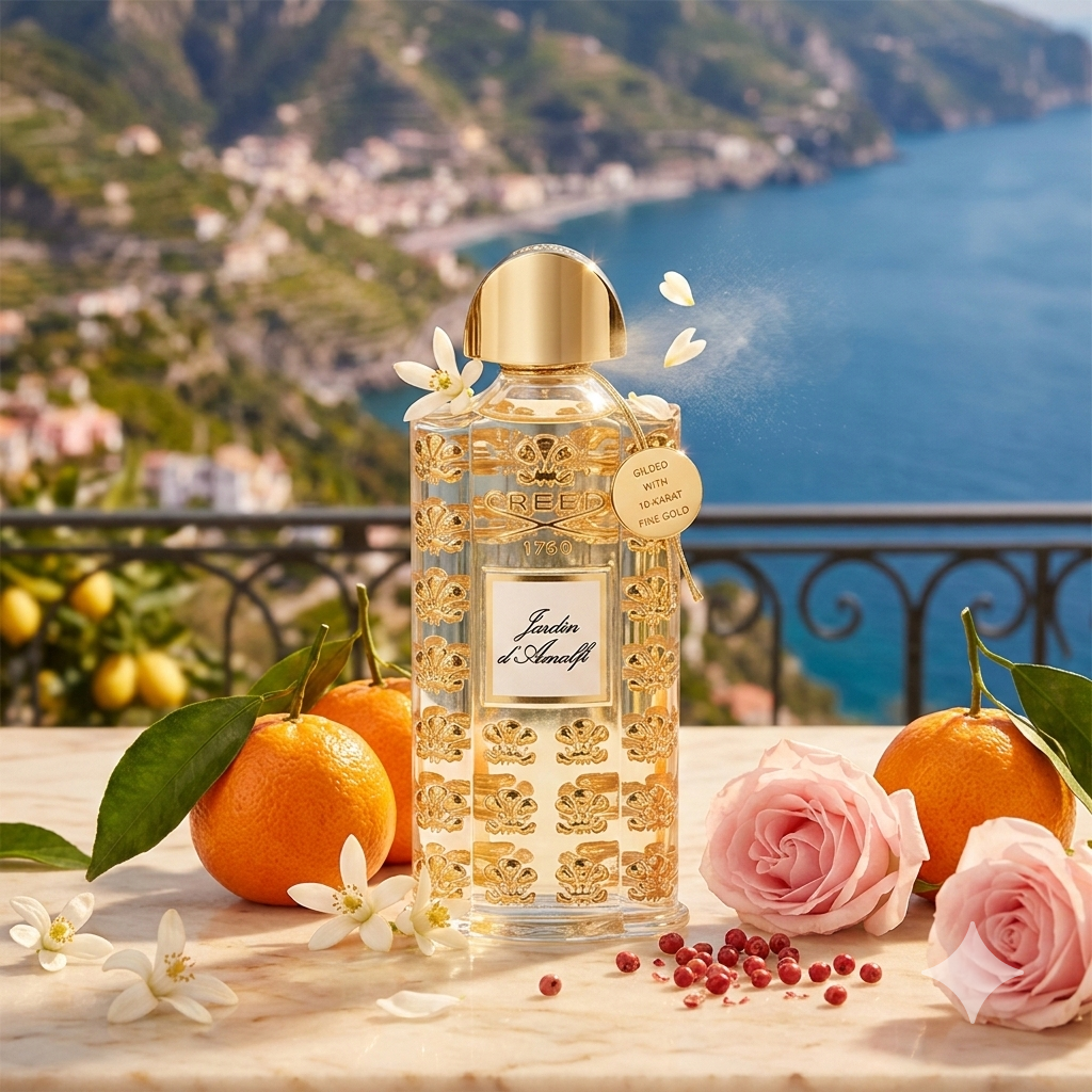 Lujoso frasco de Creed Jardin d'Amalfi con detalles dorados, rodeado de mandarinas frescas, flores de neroli y rosas frente a la hermosa Costa Amalfitana.
