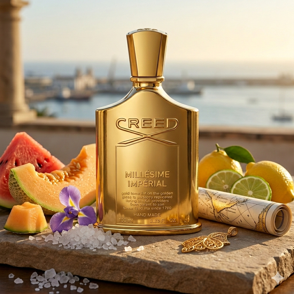 A magnificent, all-gold, metallic Creed Millesime Imperial bottle with matching gold cap, resting on a polished gold-flecked stone slab surrounded by glistening sea salt crystals, fresh slices of melon, and a single purple iris flower.