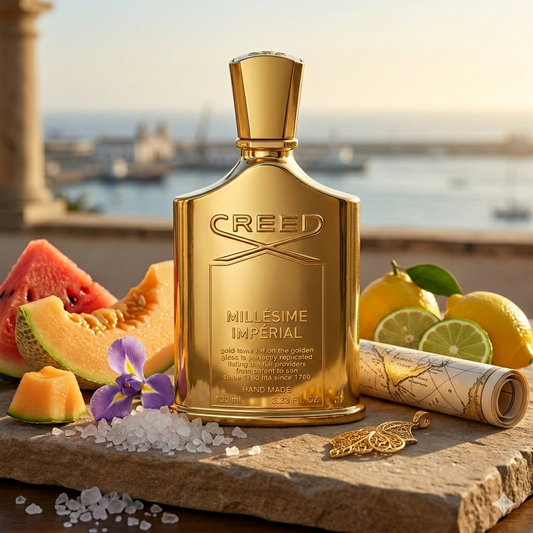 A magnificent, all-gold, metallic Creed Millesime Imperial bottle with matching gold cap, resting on a polished gold-flecked stone slab surrounded by glistening sea salt crystals, fresh slices of melon, and a single purple iris flower.