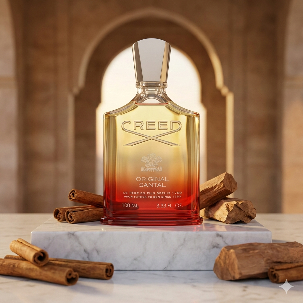 Frasco de Creed Original Santal sobre una superficie de mármol blanco texturizada, en un espacio minimalista inundado de luz natural suave, con sutiles elementos de canela y jengibre.