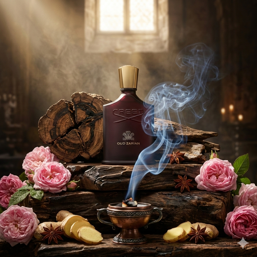 Frasco de Creed Oud Zarian sobre madera de oud ancestral y resinas de incienso, ambiente de lujo inspirado en las selvas de Sylhet para Casa Flores.