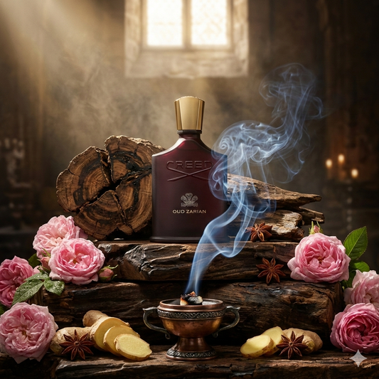 Frasco de Creed Oud Zarian sobre madera de oud ancestral y resinas de incienso, ambiente de lujo inspirado en las selvas de Sylhet para Casa Flores.