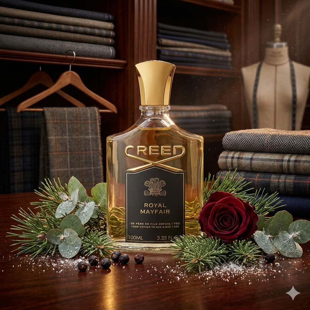 Frasco de Creed Royal Mayfair rodeado de ramas de pino, hojas de eucalipto, bayas de enebro y una elegante rosa roja sobre un fondo de sastrería londinense.