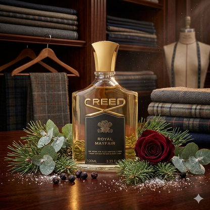 Frasco de Creed Royal Mayfair rodeado de ramas de pino, hojas de eucalipto, bayas de enebro y una elegante rosa roja sobre un fondo de sastrería londinense.