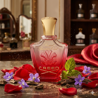 Frasco de Creed Royal Princess Oud en tonos rojo y dorado, rodeado de pétalos de rosa, flores de violeta, maderas de agar y sándalo bajo una iluminación de boutique de lujo.