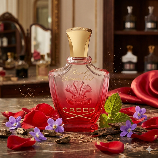 Frasco de Creed Royal Princess Oud en tonos rojo y dorado, rodeado de pétalos de rosa, flores de violeta, maderas de agar y sándalo bajo una iluminación de boutique de lujo.