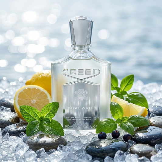 Frasco de Creed Royal Water sobre hielo, rodeado de limones frescos, hojas de menta picante y albahaca bajo una luz cristalina y luminosa.