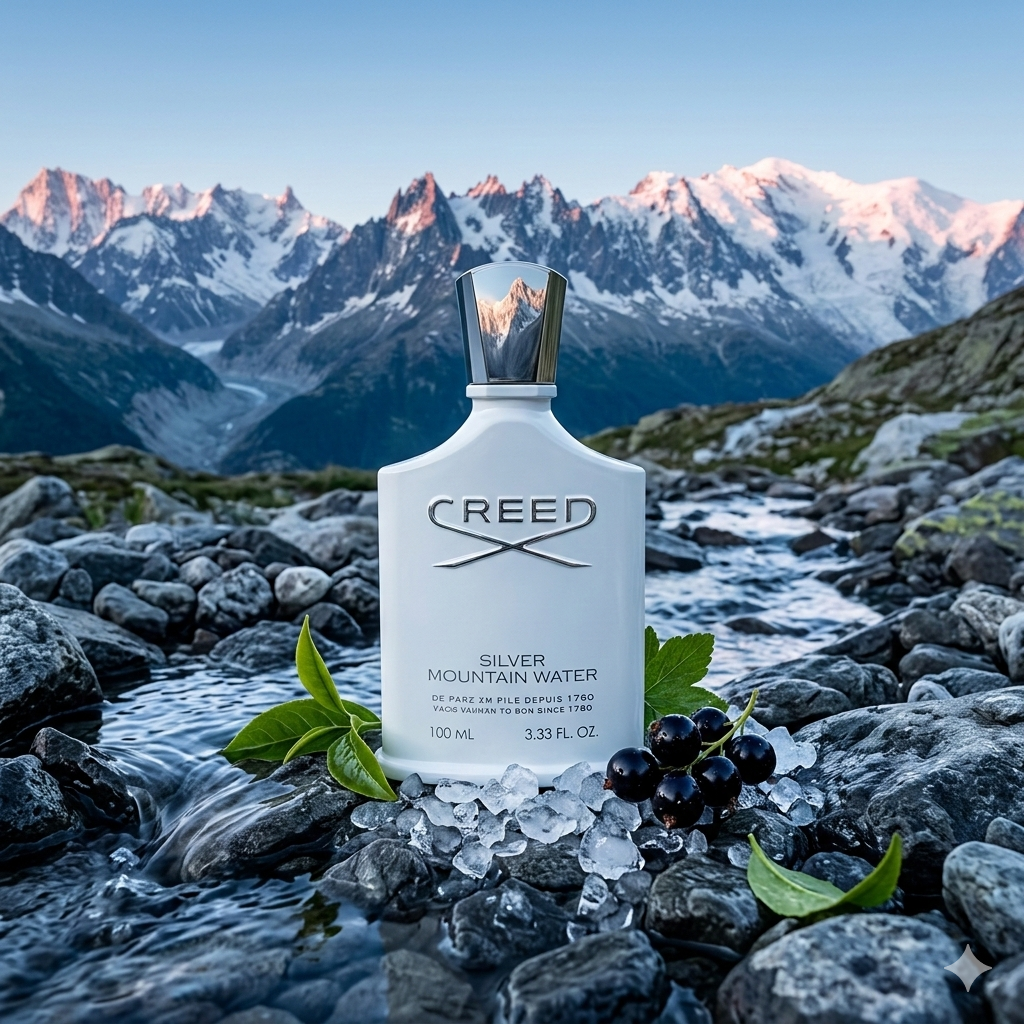 Frasco de Creed Silver Mountain Water blanco sobre una roca nevada con hojas de té verde, estilo Casa Flores.