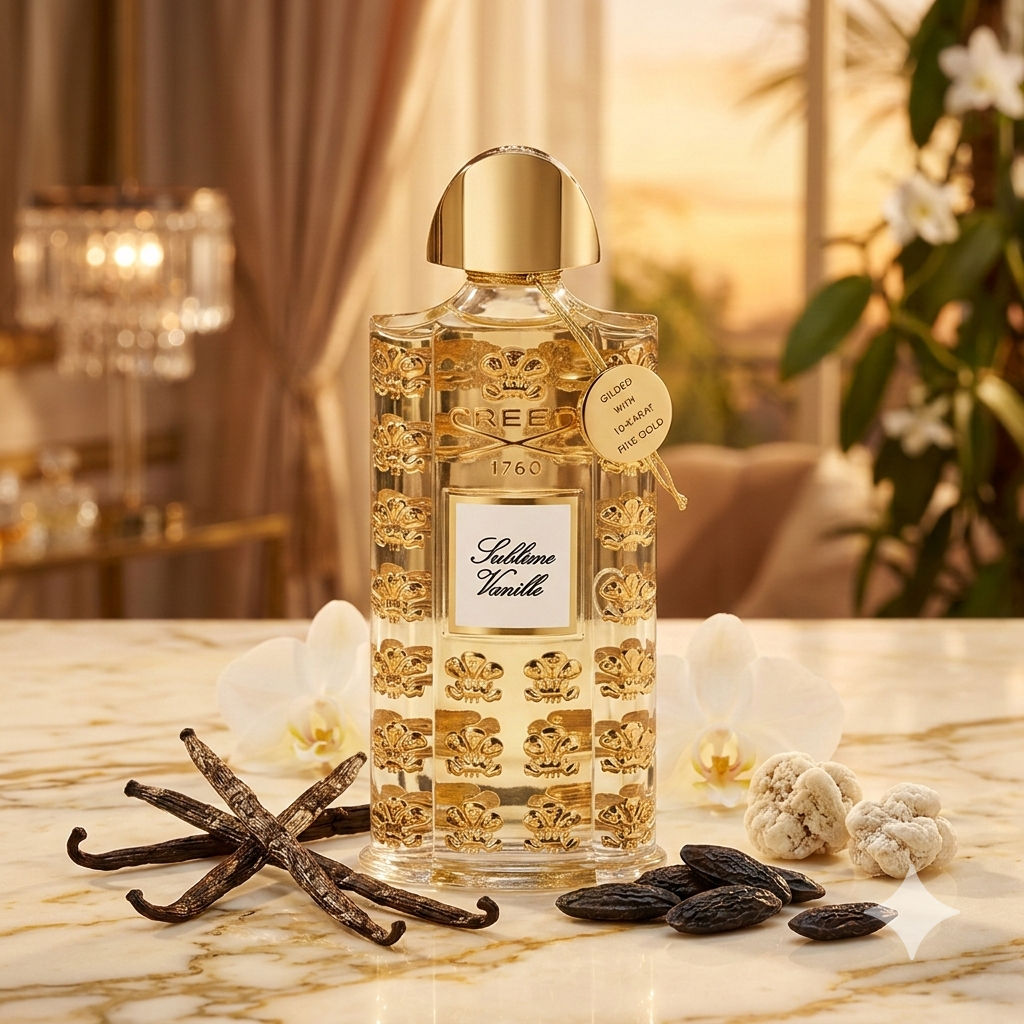 Lujoso frasco cuadrado de Creed Sublime Vanille con detalles dorados, rodeado de vainas de vainilla de Bourbon, habas tonka y flores blancas sobre mármol crema bajo luz cálida.