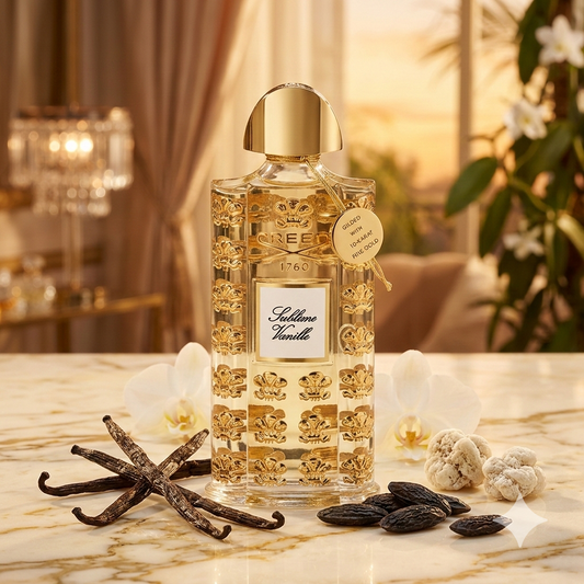 Lujoso frasco cuadrado de Creed Sublime Vanille con detalles dorados, rodeado de vainas de vainilla de Bourbon, habas tonka y flores blancas sobre mármol crema bajo luz cálida.
