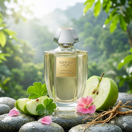 Frasco de Creed Vetiver Geranium de la colección Acqua Originale, rodeado de manzanas verdes crujientes, hojas de geranio y raíces de vetiver sobre piedras de río bajo luz natural.