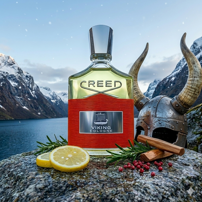 Frasco naranja translúcido de Creed Viking Cologne sobre una roca frente a un fiordo, estilo Casa Flores.