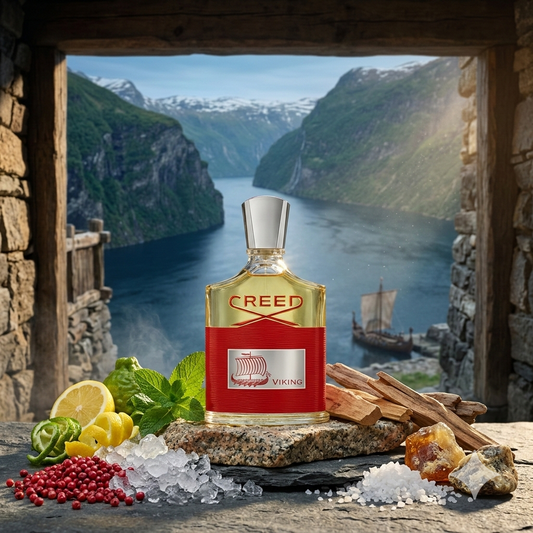 Frasco rojo y plateado de Creed Viking sobre piedra escarpada, rodeado de menta fresca, limón, granos de pimienta rosa, maderas a la deriva y sal marina, con un majestuoso fiordo noruego de fondo.
