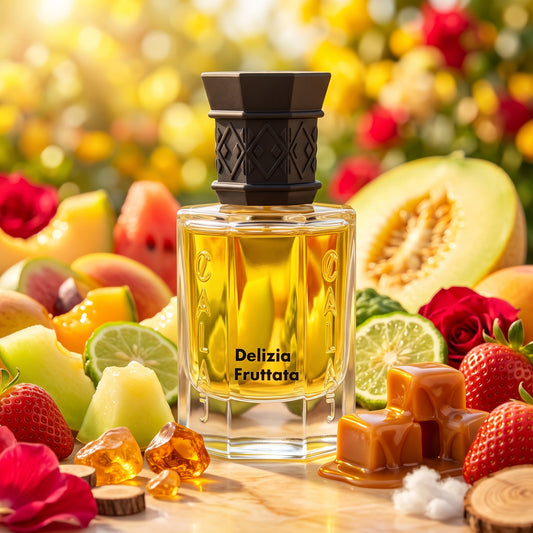 Frasco octogonal de Delizia Fruttata de Calaj con tapón negro sobre mesa cálida con melón, fresas frescas y caramelo, estilo Casa Flores con marco.