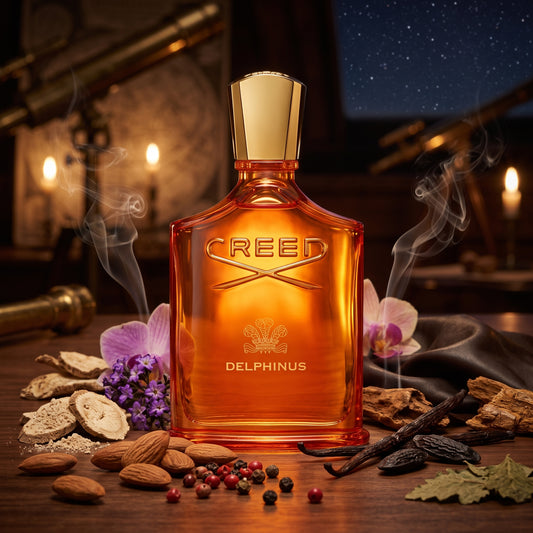 Frasco de cristal naranja translúcido con tapón dorado de Delphinus de Creed, rodeado de almendras, incienso, orquídea, vainilla y cuero, estilo Casa Flores.