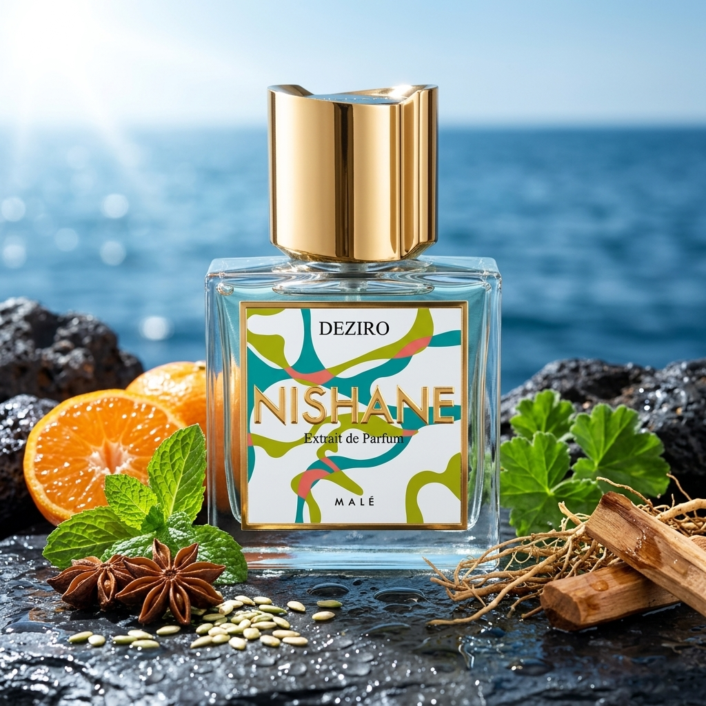 Frasco con etiqueta abstracta turquesa y verde de Nishane Deziro Malé sobre roca húmeda con notas marinas, menta, mandarina y vetiver, estilo Casa Flores.