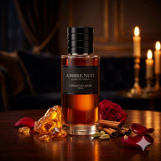 Frasco del perfume Dior Ambre Nuit Esprit de Parfum con líquido ámbar oscuro, rodeado de canela, rosa turca y resina brillante en un entorno cálido.