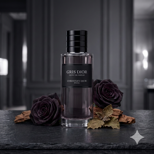 Frasco del perfume Dior Gris Dior Esprit de Parfum con líquido oscuro, rodeado de rosas búlgaras, madera de cedro y pachulí en un ambiente gris y elegante.