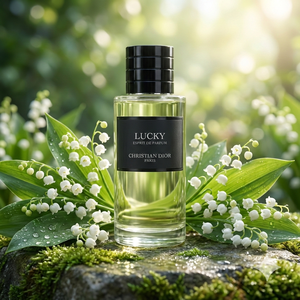 Frasco del perfume Dior Lucky Esprit de Parfum con líquido verde intenso, rodeado de flores de muguet (lirio de los valles) y hojas verdes en un jardín.