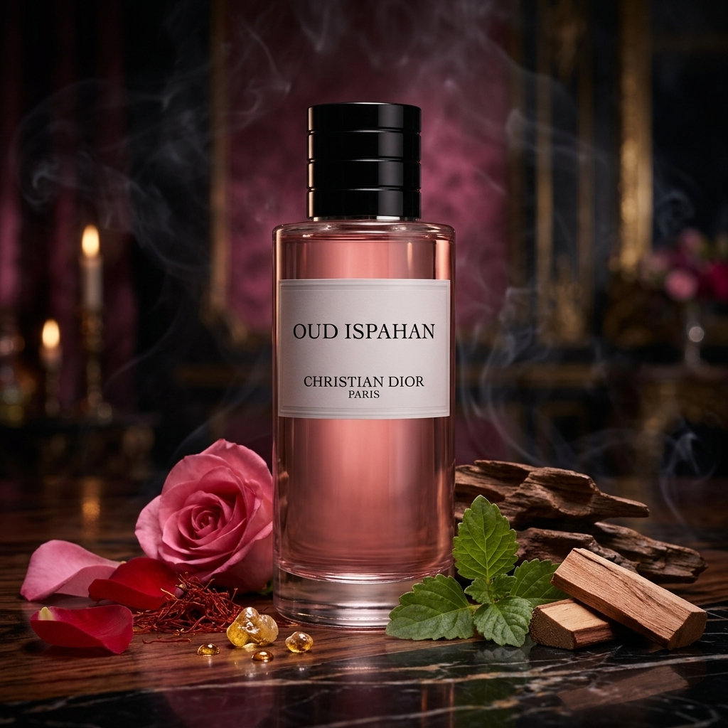 Frasco cilíndrico de Oud Ispahan Dior con líquido rosado sobre madera oscura con rosa y madera de oud, estilo Casa Flores.