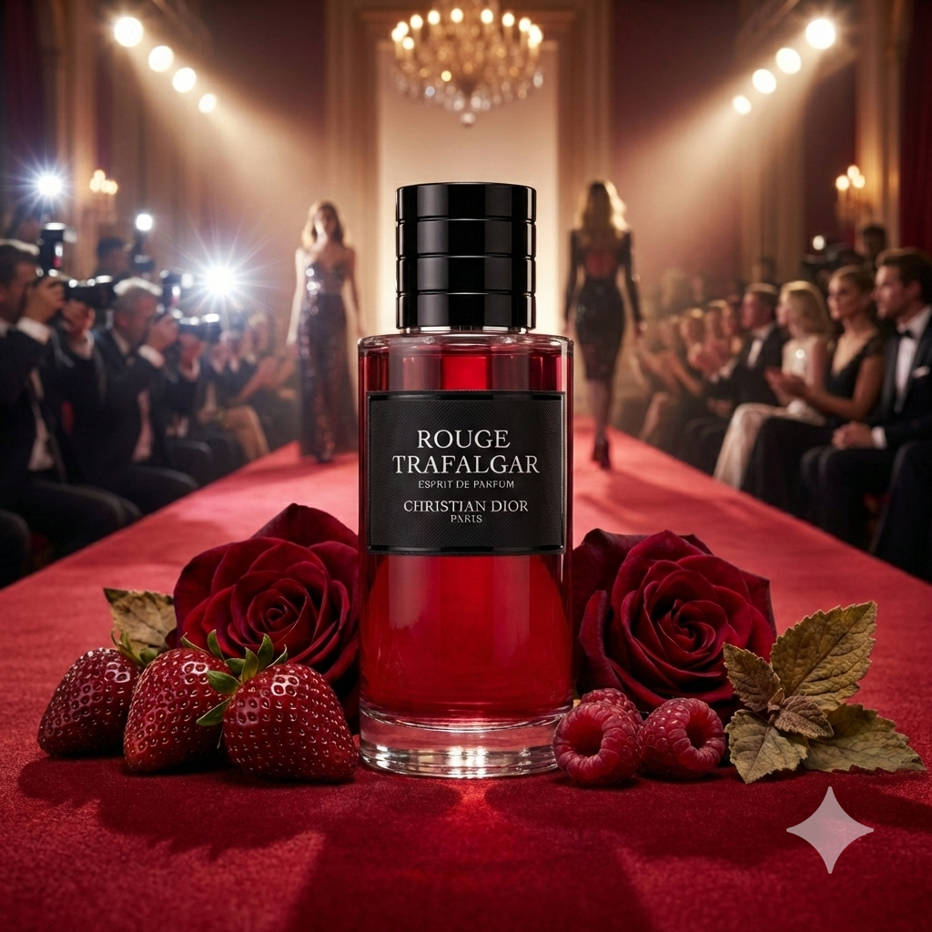 Frasco del perfume Dior Rouge Trafalgar Esprit de Parfum con líquido rojo intenso, rodeado de frutos rojos oscuros y rosas en un ambiente lujoso.