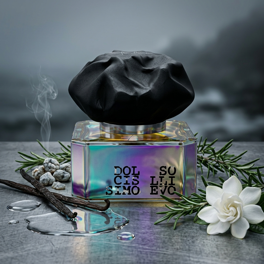 Frasco de cristal holográfico iridiscente con tapón escultórico negro mate de Filippo Sorcinelli Dolcissimo Sollievo con tipografía stencil sobre mármol con vainilla, agua de mar e incienso, estilo Casa Flores.