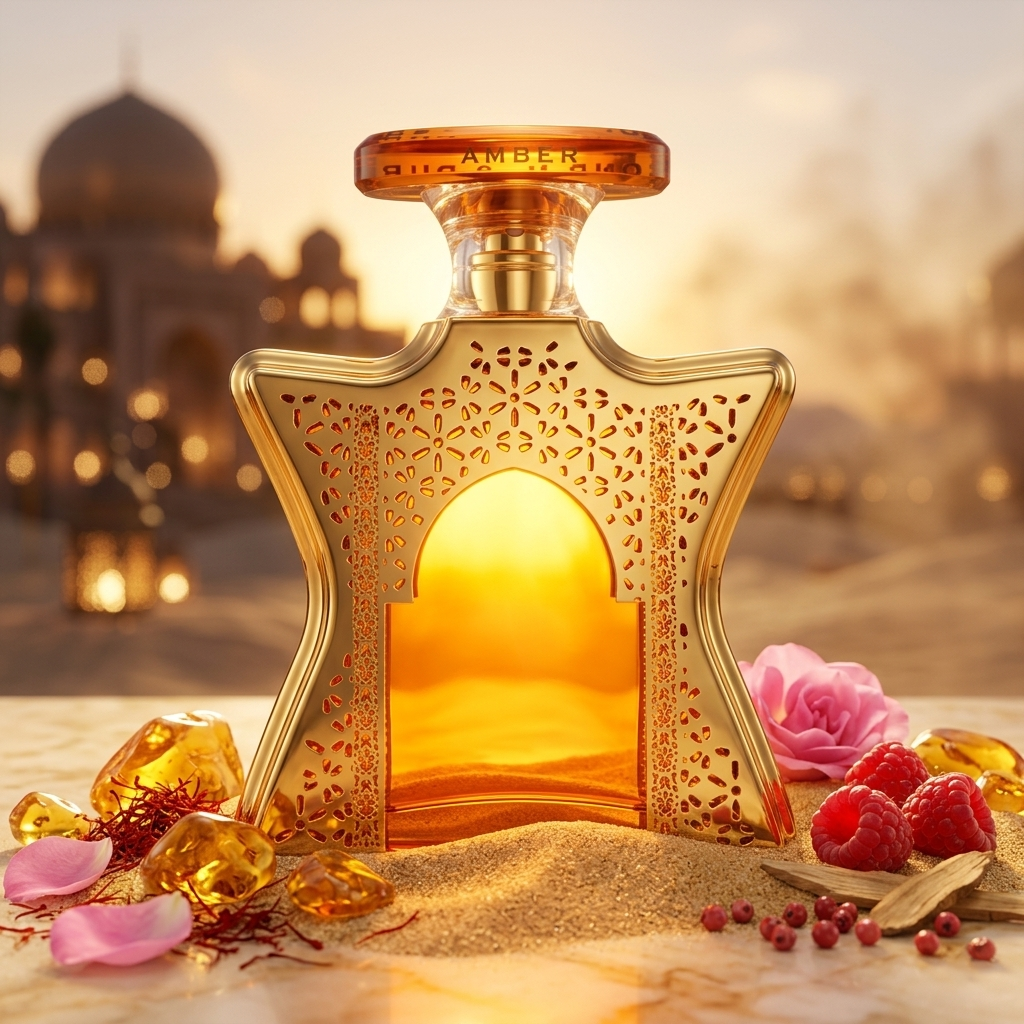 Frasco dorado y transparente en forma de estrella de Bond No 9 Dubai Amber sobre arena con resina de ámbar, azafrán y frambuesas, estilo Casa Flores.