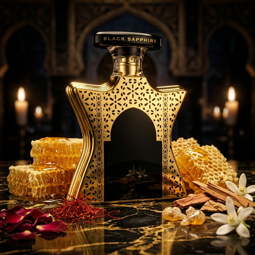 Frasco negro y dorado de Bond No 9 Dubai Black Sapphire sobre mármol oscuro con miel, cera de abejas, azafrán y rosas, estilo Casa Flores.