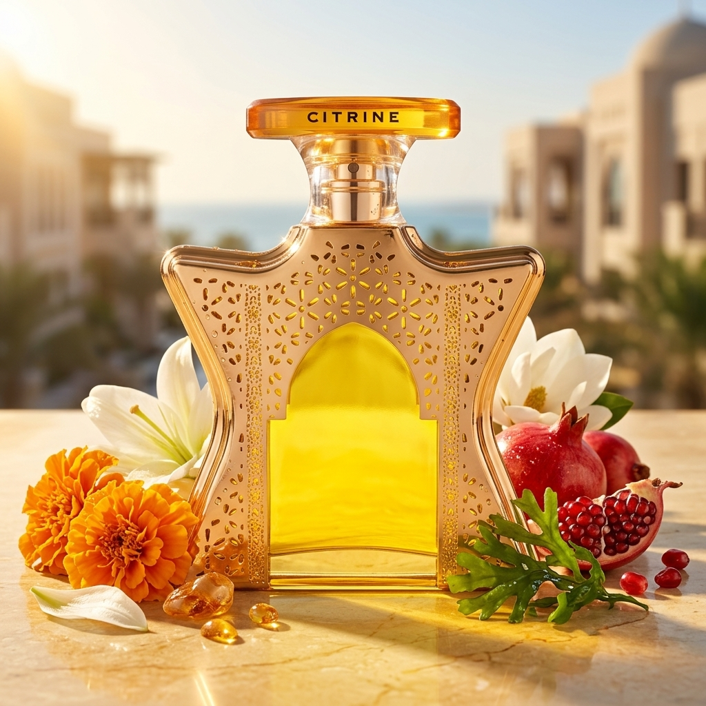 Frasco con arco morisco de Bond No 9 Dubai Citrine sobre mármol con frutos rojos, algas, caléndula, azucena y ámbar, estilo Casa Flores.