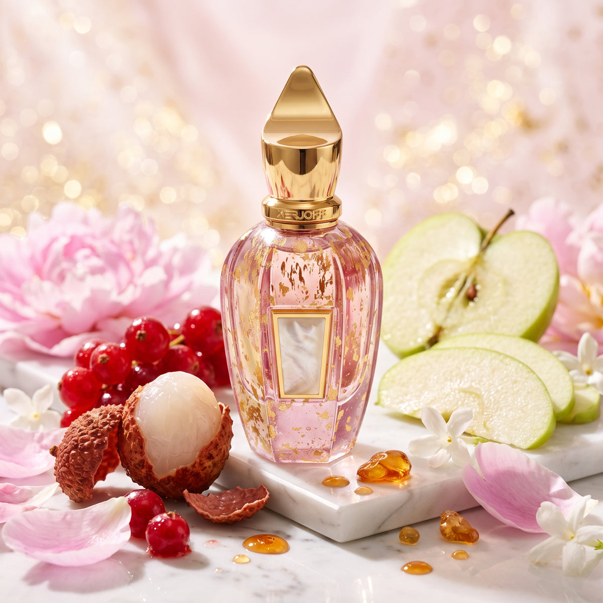 Frasco rosa con copos dorados y tapón dorado de Elle Anniversary de Xerjoff, rodeado de frutos rojos, lichi y peonía, estilo Casa Flores.