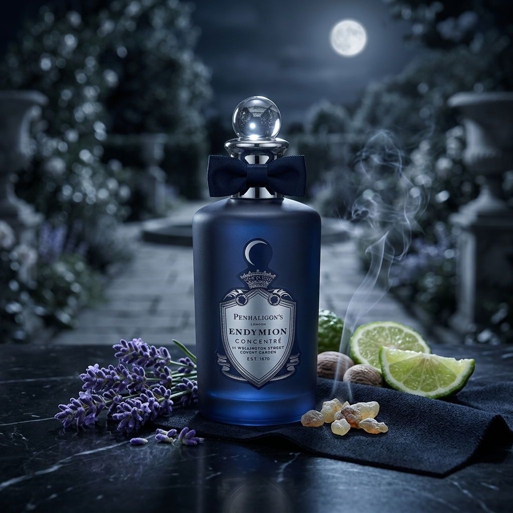 Frasco azul mate de Penhaligon's Endymion Concentré con luna creciente y lazo azul marino sobre mármol con lavanda, gamuza e incienso, estilo Casa Flores.