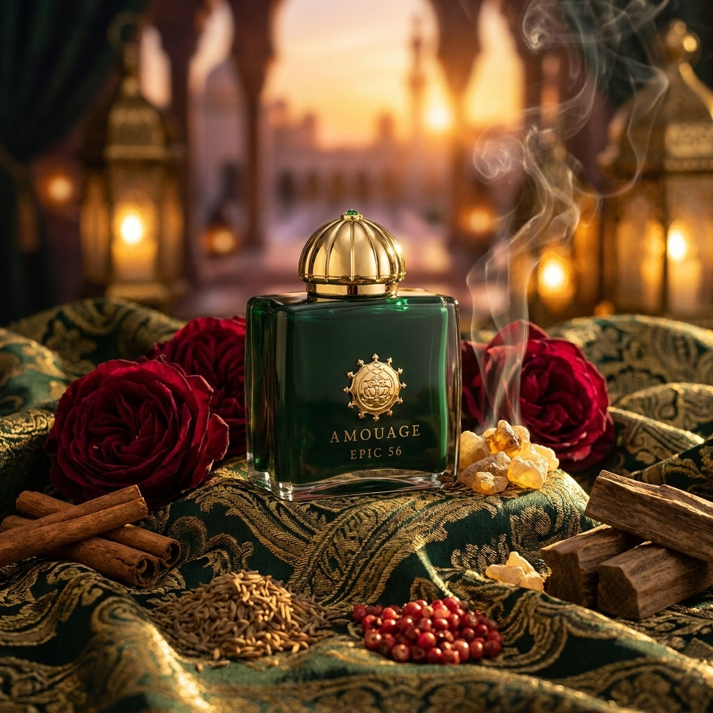 Frasco verde esmeralda de Amouage Epic 56 Woman sobre seda dorada con rosa centifolia, incienso, canela y madera de oud, estilo Casa Flores.