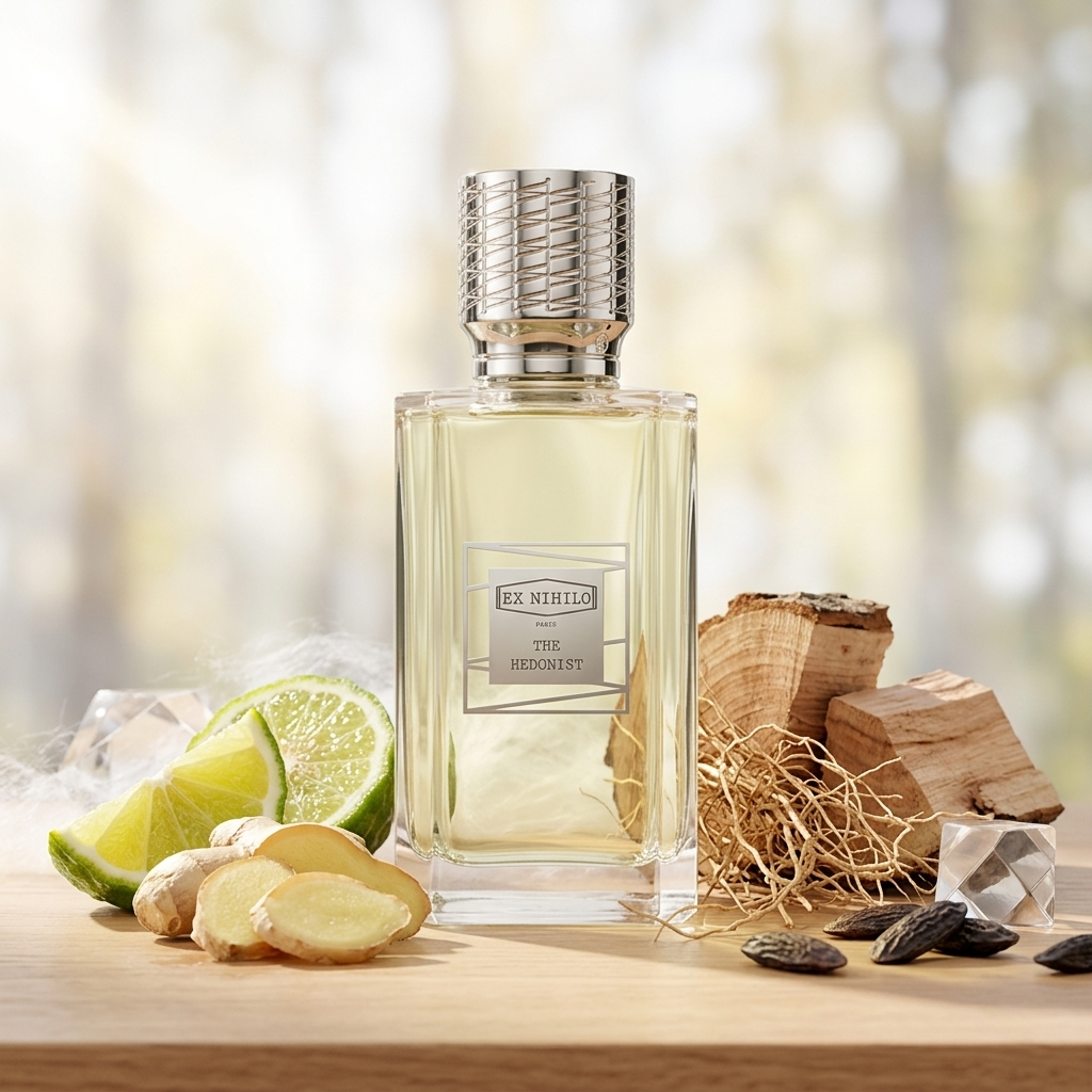 Frasco transparente y plateado de Ex Nihilo The Hedonist sobre madera clara con jengibre, bergamota y cedro, estilo Casa Flores.