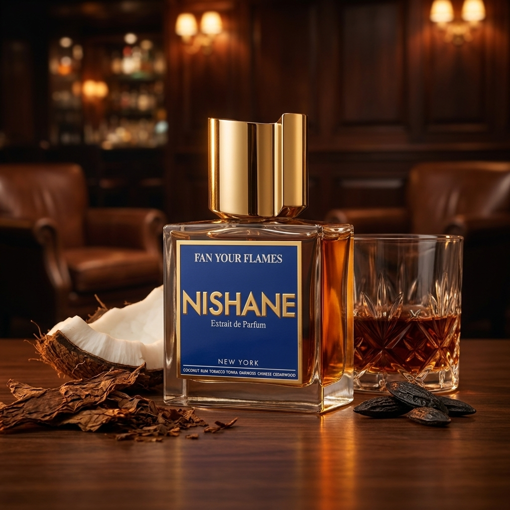 Frasco con etiqueta azul de Nishane Fan Your Flames sobre madera con coco, ron y tabaco, estilo Casa Flores.