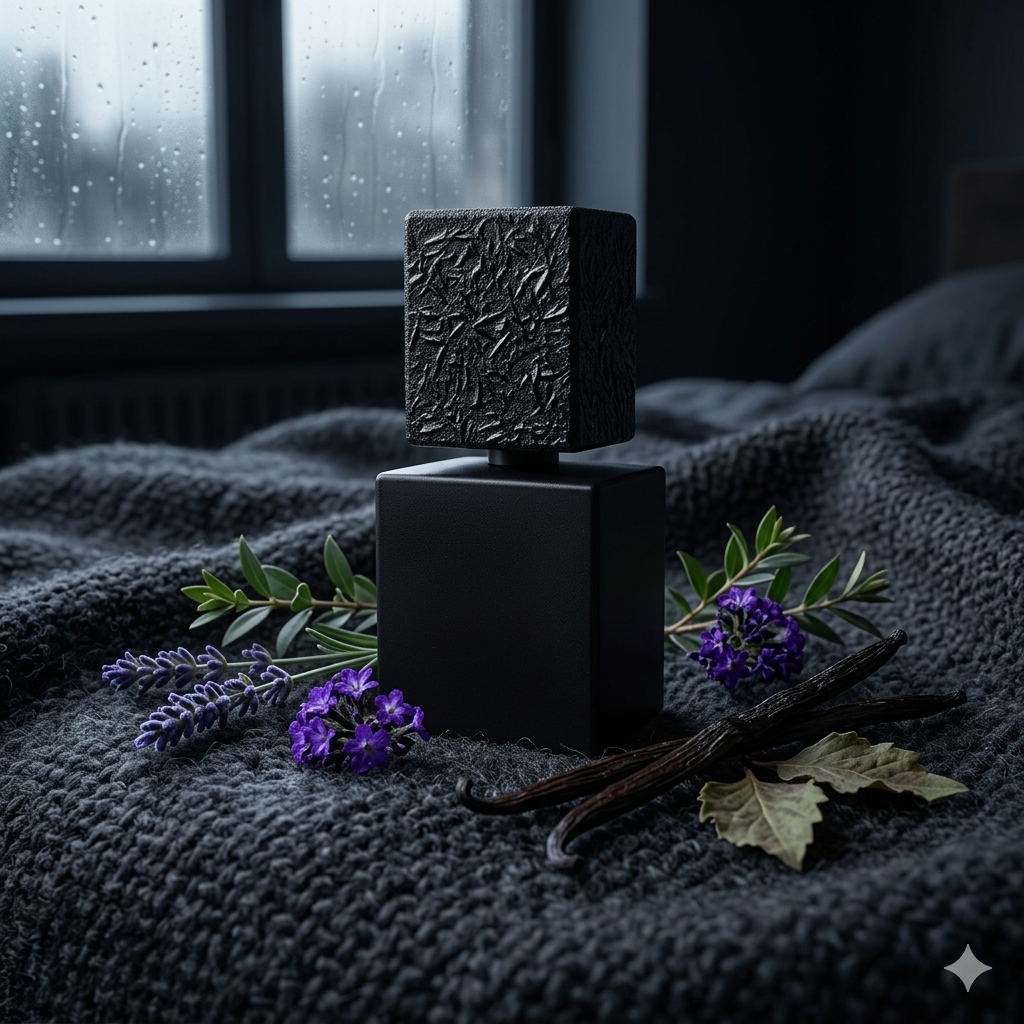 Frasco negro de Filippo Sorcinelli Ennui Noir envuelto en tela oscura con lavanda, vainilla, pachulí y heliotropo, estilo Casa Flores.