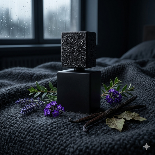 Frasco negro de Filippo Sorcinelli Ennui Noir envuelto en tela oscura con lavanda, vainilla, pachulí y heliotropo, estilo Casa Flores.