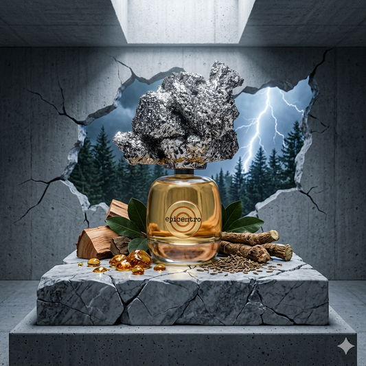 Frasco de Filippo Sorcinelli Epicentro sobre piedra volcánica con madera de cedro, semillas de ambreta y resina de benjuí, estilo Casa Flores.