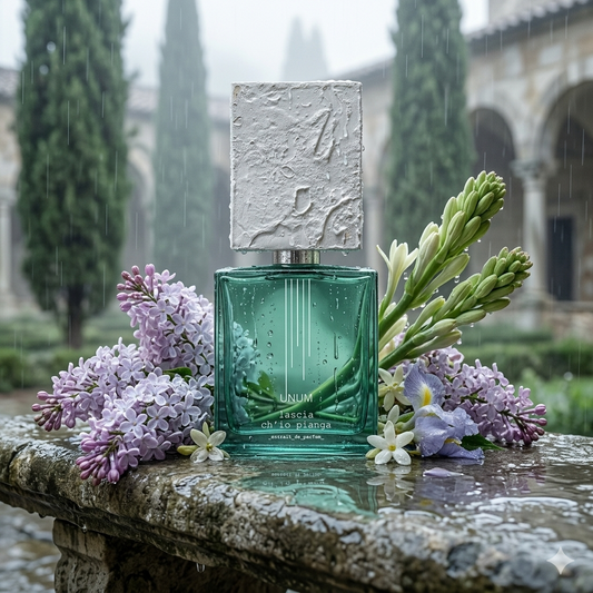 Frasco de Filippo Sorcinelli Lascia ch'io pianga sobre piedra húmeda con flores blancas, lila, nardo y lágrimas de rocío, estilo Casa Flores.