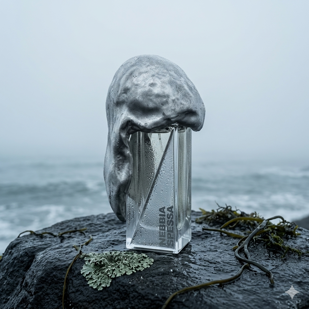 Frasco de Filippo Sorcinelli Nebbia Spessa sobre rocas marinas oscuras con musgo, niebla y rocío frío, estilo Casa Flores.