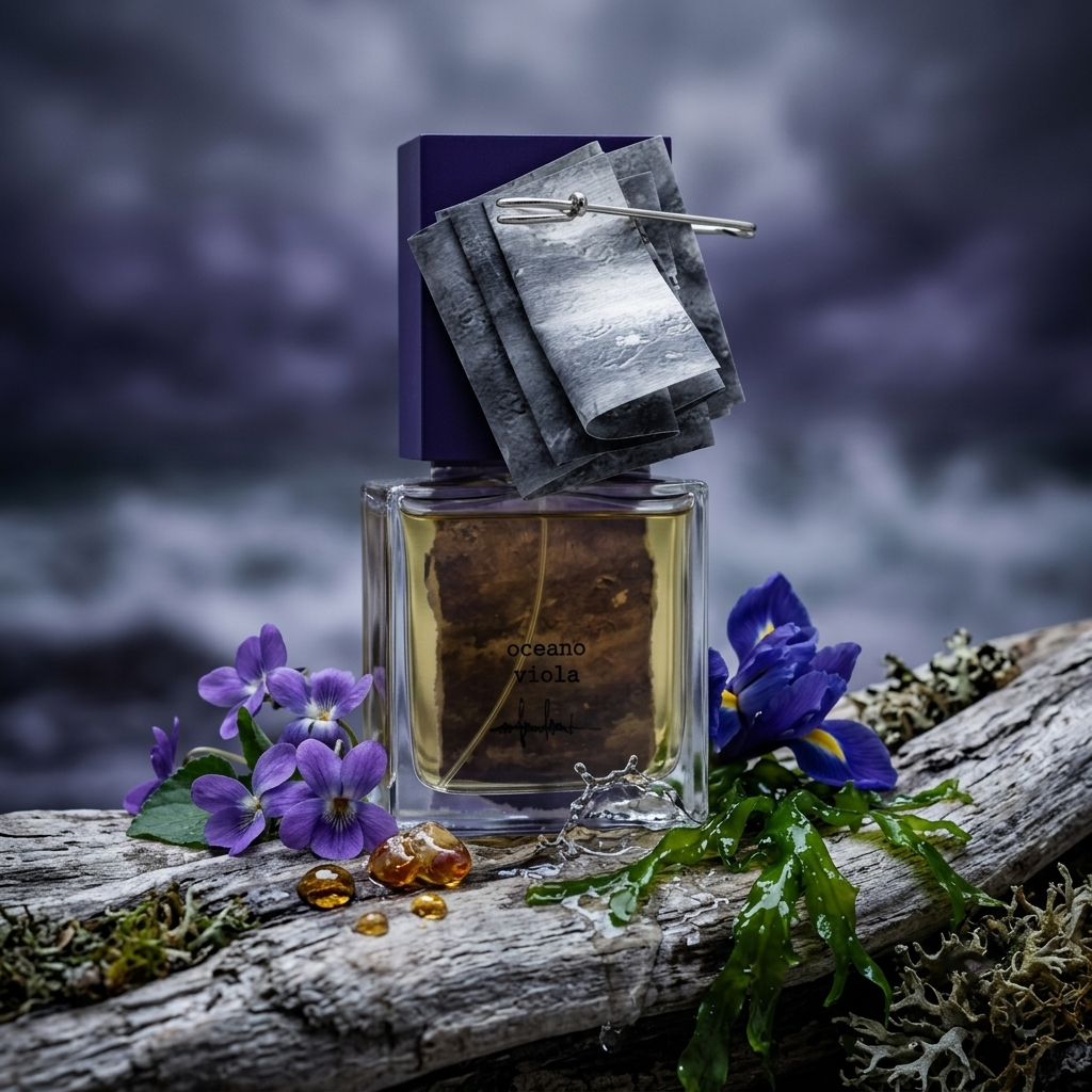 Frasco artístico con tapón violeta y alfiler de Oceano Viola sobre madera a la deriva con violetas y algas, estilo Casa Flores.