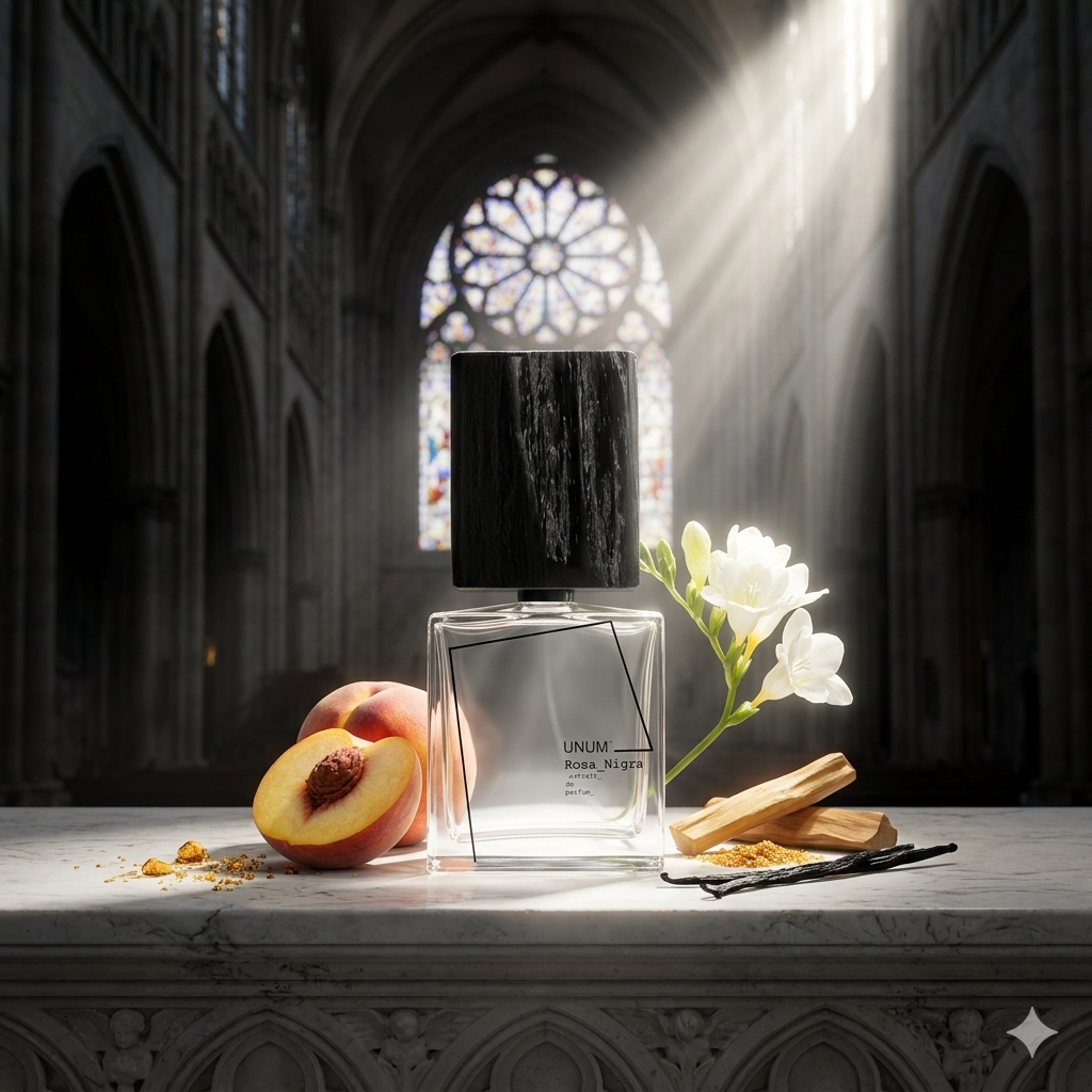Frasco arquitectónico de Filippo Sorcinelli Rosa Nigra en el altar de una catedral gótica con durazno, sándalo y fresia blanca, estilo Casa Flores.