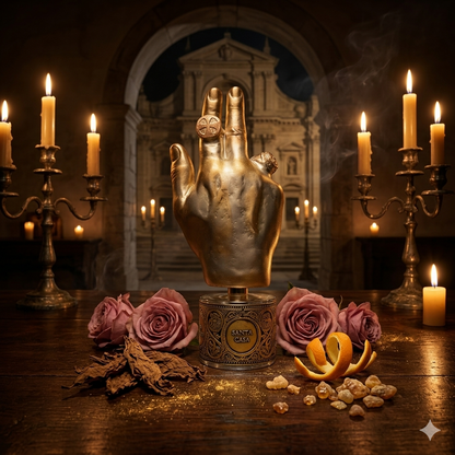 Frasco de Filippo Sorcinelli Santa Casa en una sacristía antigua con velas encendidas, humo de incienso, rosas y tabaco, estilo Casa Flores.