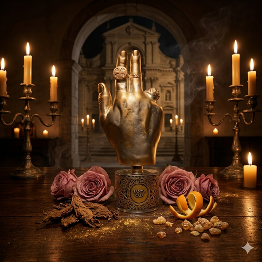 Frasco de Filippo Sorcinelli Santa Casa en una sacristía antigua con velas encendidas, humo de incienso, rosas y tabaco, estilo Casa Flores.