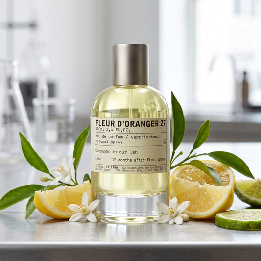 Frasco de botica de Fleur d'Oranger 27 de Le Labo con etiqueta de laboratorio sobre metal cepillado con flor de azahar del naranjo, petit grain y bergamota, estilo Casa Flores.