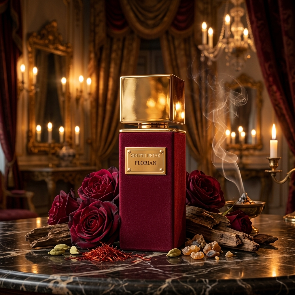 Frasco de terciopelo burdeos Gritti Florian con tapón de oro sobre mármol oscuro con rosa de Taif, azafrán, oud e incienso, estilo Casa Flores.
