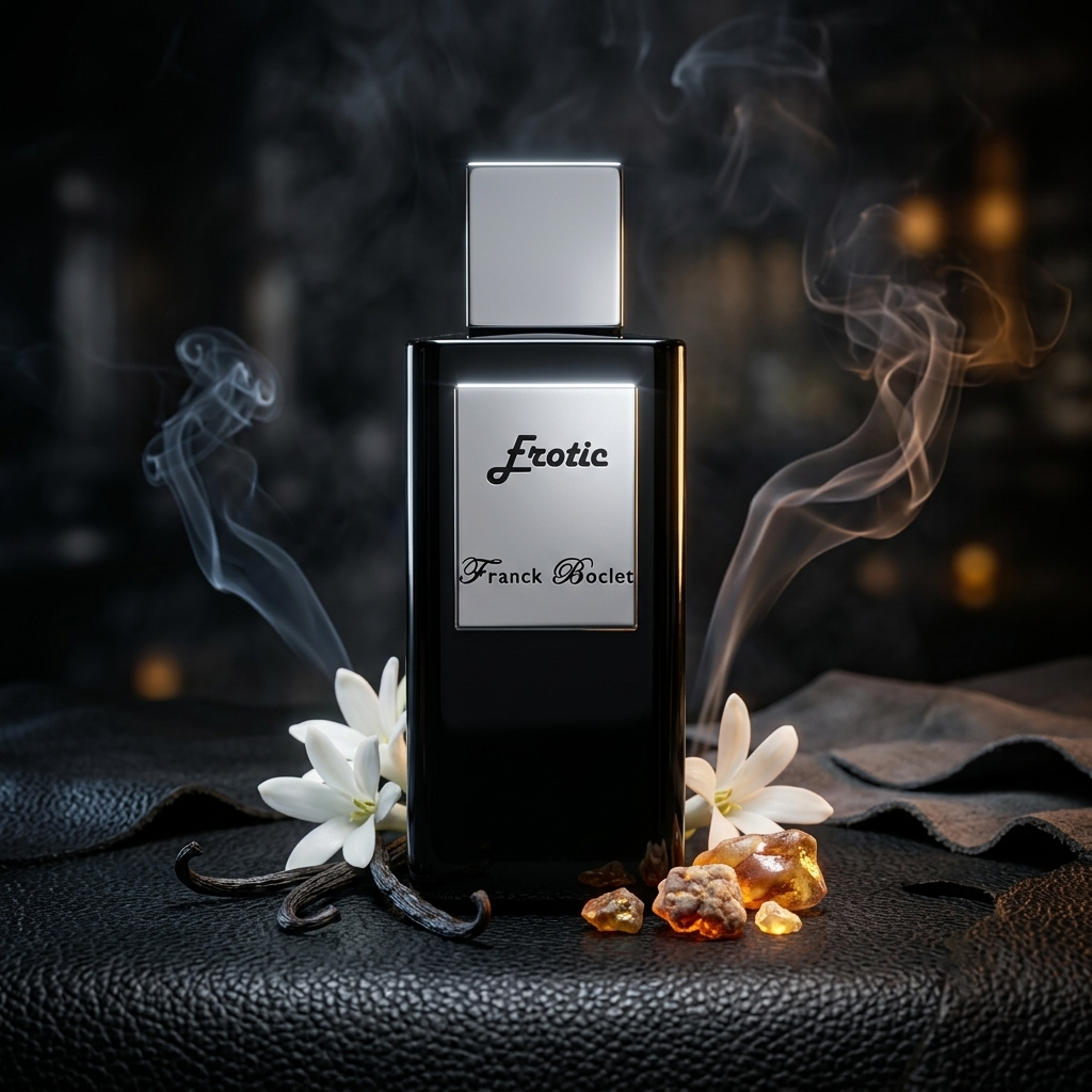 Frasco negro brillante y plateado de Franck Boclet Erotic sobre cuero oscuro con incienso y vainilla, estilo Casa Flores.